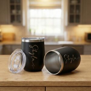 Personalised Coffee Tumbler with Lid – Name Engraved Matte Black Steel