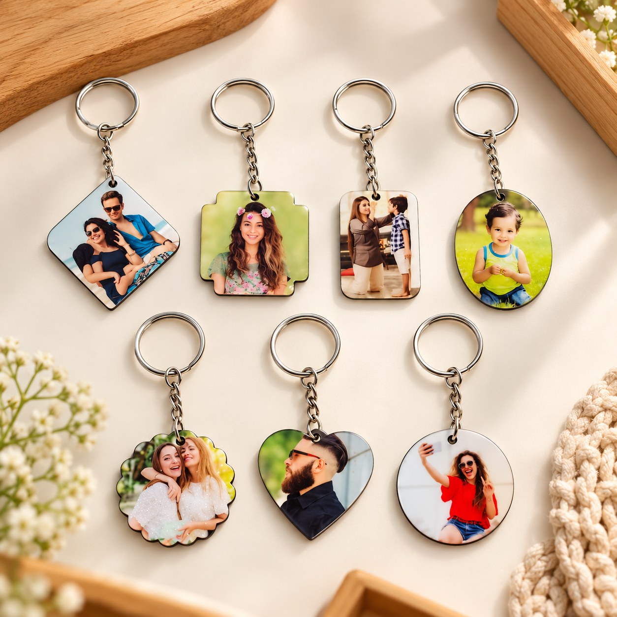 Personalised Photo Keychain – Wooden MDF Keyring in 7 Shapes